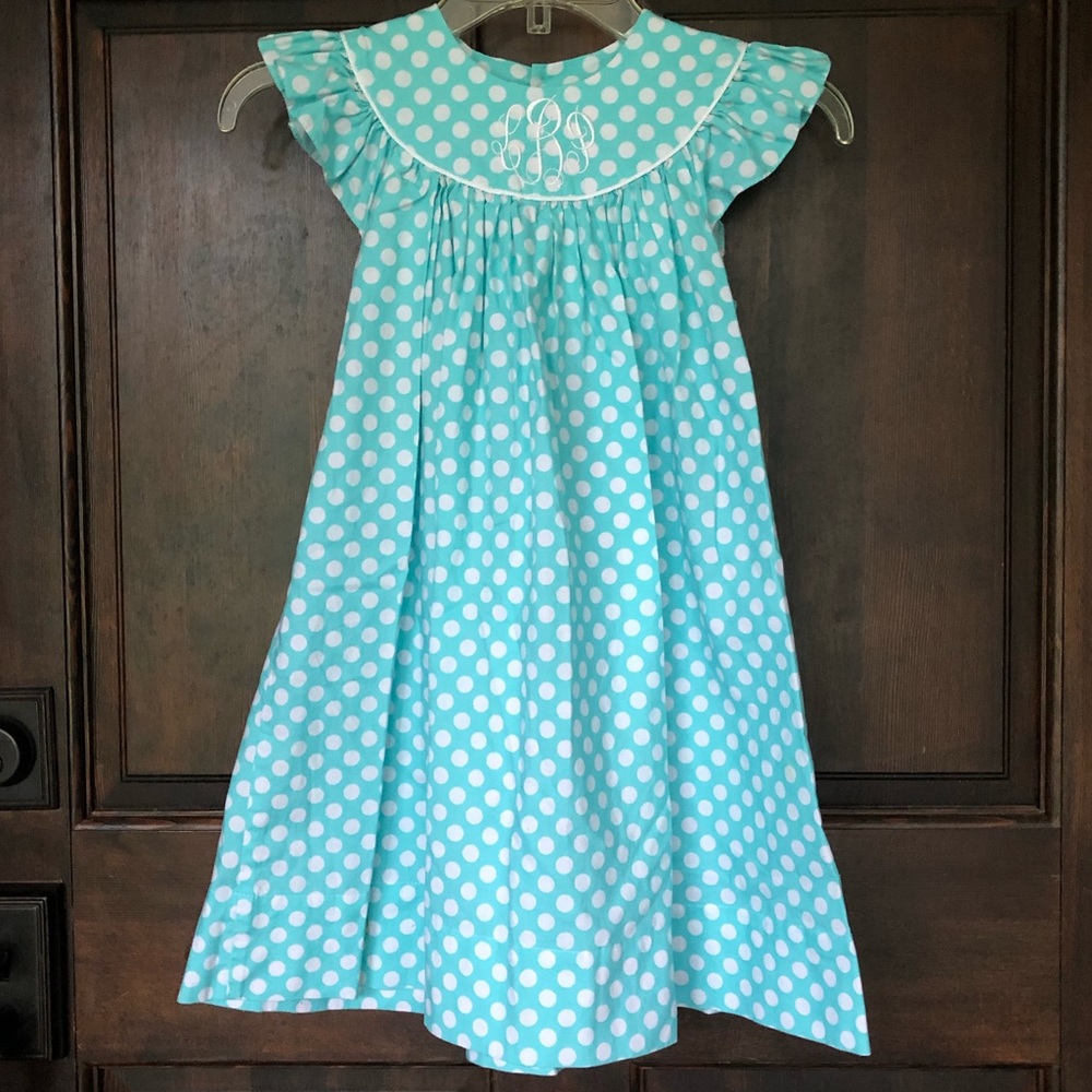 Aqua Blue Dot Bishop Dress 5T Monogram 5 Like NEW